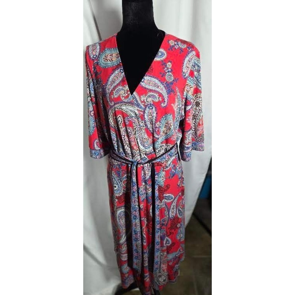 Sandra Darren Red Paisley Faux Wrap Midi Dress V-Neck Size 14